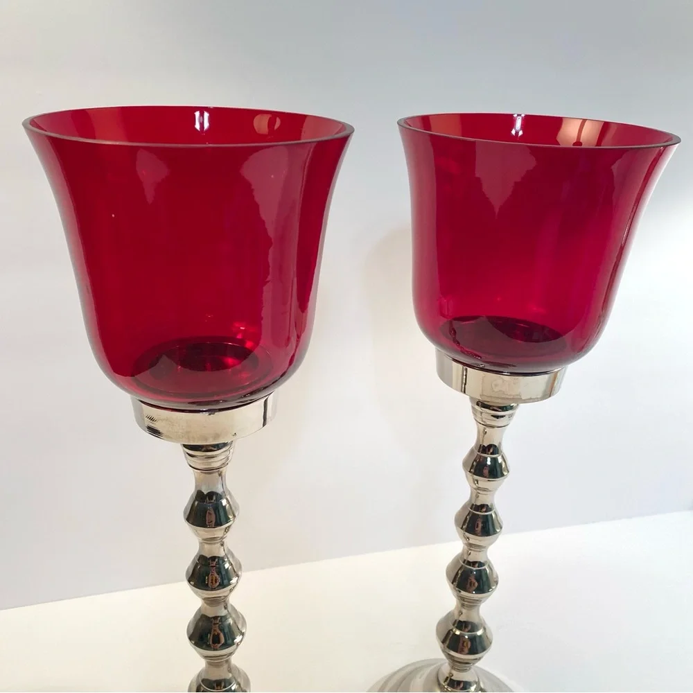 Z Gallerie Carmen 13” Red Glass & Silver Nickel Metal Votive Candleholders Set